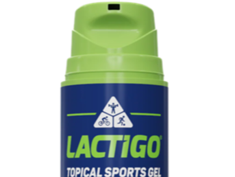 LactiGo 100 mL topical sports gel pump bottle shown as a real-world formulation example
